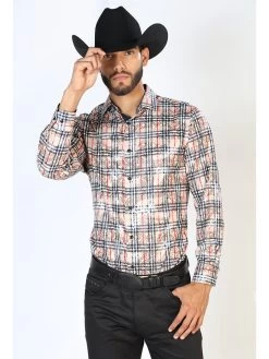 Camisa Vaquera Manga Larga Estampada Cuadros Beige/Negro Para Hombre 'El Señor De Los Cielos' - ID: 43852