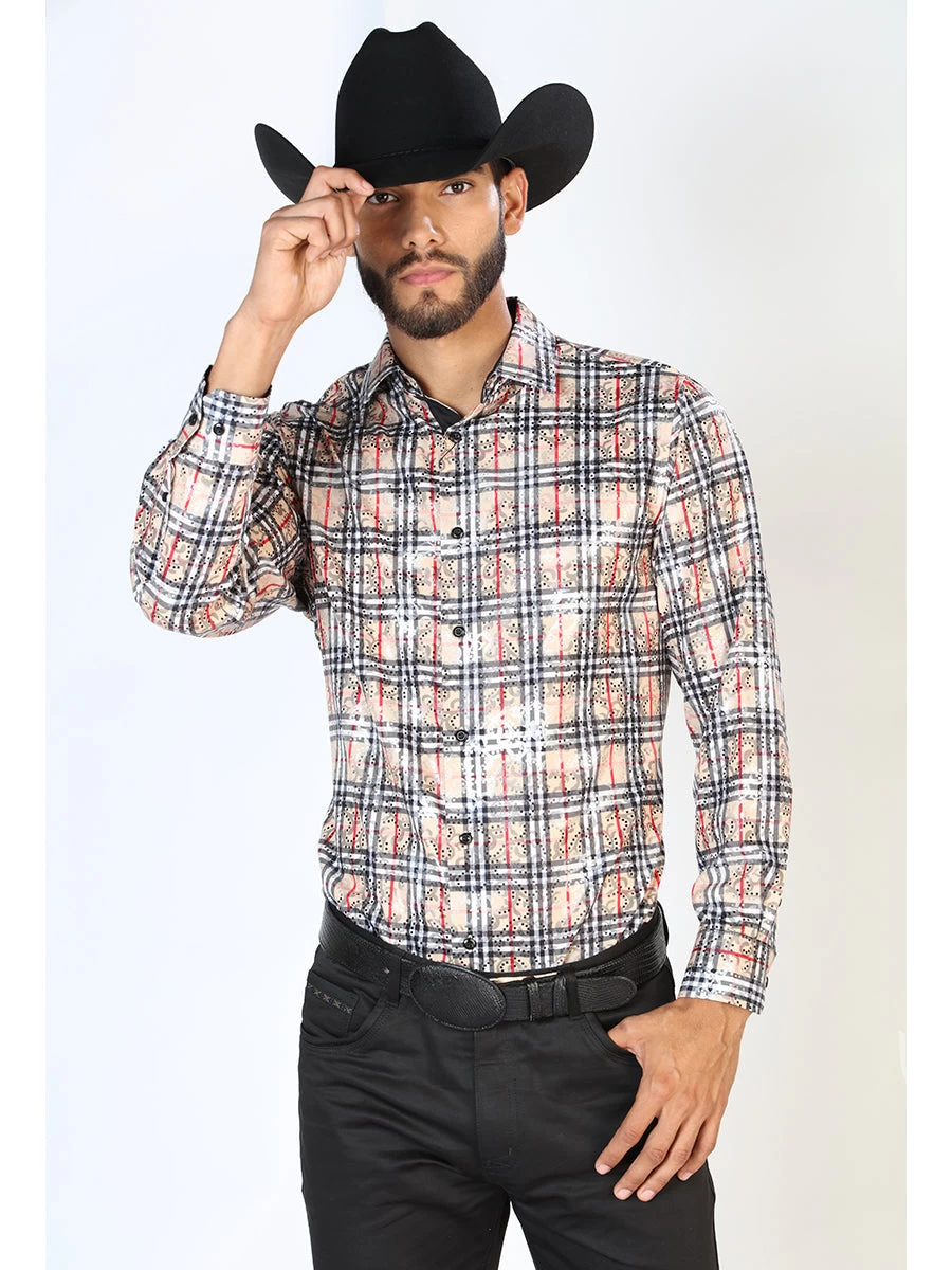 Camisa Vaquera Manga Larga Estampada Cuadros Beige/Negro Para Hombre 'El Señor De Los Cielos' - ID: 43852