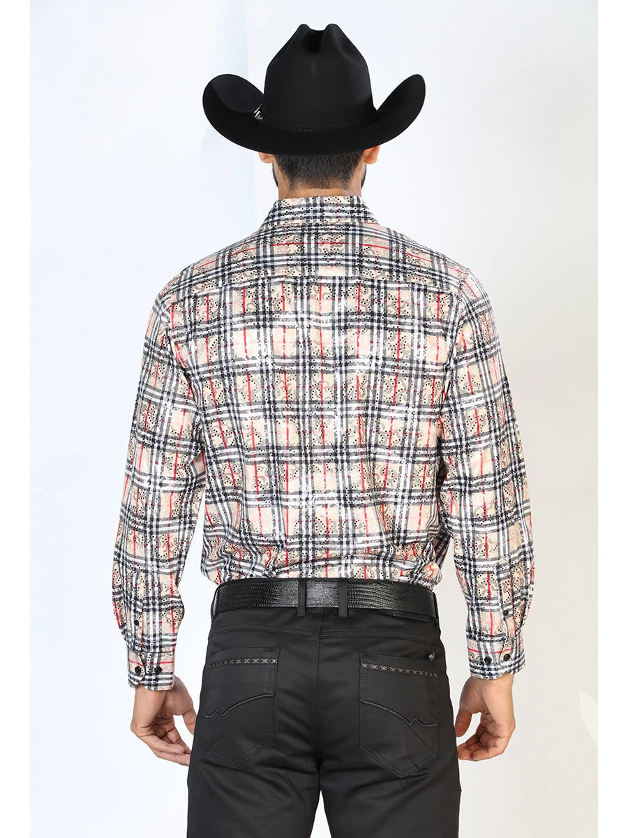 Camisa Vaquera Manga Larga Estampada Cuadros Beige/Negro Para Hombre 'El Señor De Los Cielos' - ID: 43852 - Imagen 2