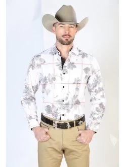 Camisa Vaquera Manga Larga Estampada Cuadros Blanco Para Hombre 'El Señor De Los Cielos' - ID: 43854
