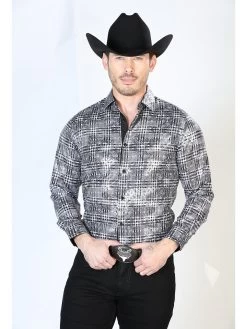 Camisa Vaquera Manga Larga Estampada Cuadros Negro Para Hombre 'El Señor De Los Cielos' - ID: 43855