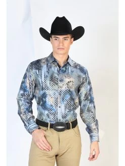 Camisa Vaquera Manga Larga Estampada Negro/Azul Para Hombre 'El Señor De Los Cielos' - ID: 43878