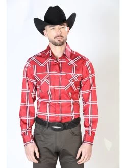 Camisa Vaquera Manga Larga De Broches Estampada Cuadros Rojo Para Hombre 'El Señor De Los Cielos' - ID: 43928
