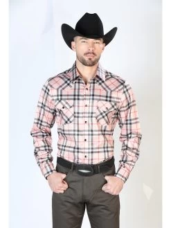 Camisa Vaquera Manga Larga De Broches Estampada Cuadros Beige Para Hombre 'El Señor De Los Cielos' - ID: 43929