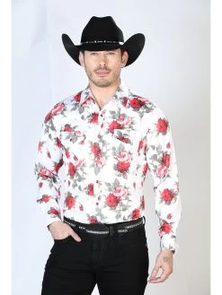 Camisa Vaquera Manga Larga De Broches Estampada Floral Blanco/Flores Para Hombre 'El Señor De Los Cielos' - ID: 43935