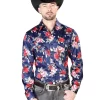 Camisa Vaquera Manga Larga De Broches Estampada Floral Azul/Flores Para Hombre 'El Señor De Los Cielos' - ID: 43937