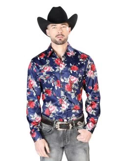 Camisa Vaquera Manga Larga De Broches Estampada Floral Azul/Flores Para Hombre 'El Señor De Los Cielos' - ID: 43937