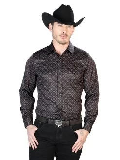 Camisa Vaquera Manga Larga De Broches Estampada Cafe Para Hombre 'El Señor De Los Cielos' - ID: 43950