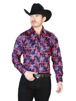 Camisa Vaquera Manga Larga De Broches Estampada Floral Azul/Flores Para Hombre 'El Señor De Los Cielos' - ID: 43956