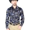 Camisa Vaquera Manga Larga De Broches Estampada Floral Marino Para Hombre 'El Señor De Los Cielos' - ID: 43959