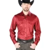 Camisa Vaquera Manga Larga De Broches Burgandy Para Hombre 'El Señor De Los Cielos' - ID: 43961