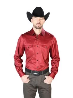 Camisa Vaquera Manga Larga De Broches Burgandy Para Hombre 'El Señor De Los Cielos' - ID: 43961