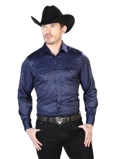 Camisa Vaquera Manga Larga De Broches Estampada Puntos Marino/Blanco Para Hombre 'El Señor De Los Cielos' - ID: 43965