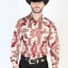 Camisa Vaquera Manga Larga De Broches Estampada Burgandy/Oro Para Hombre 'El Señor De Los Cielos' - ID: 44071