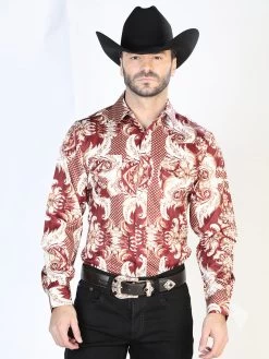 Camisa Vaquera Manga Larga De Broches Estampada Burgandy/Oro Para Hombre 'El Señor De Los Cielos' - ID: 44071