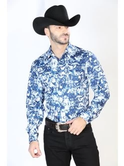 Camisa Vaquera Manga Larga De Broches Estampada Azul/Blanco Para Hombre 'El Señor De Los Cielos' - ID: 44091