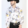 Camisa Vaquera Manga Larga De Broches Estampada Floral Blanco/Azul Para Hombre 'El Señor De Los Cielos' - ID: 44097
