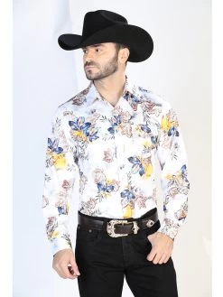 Camisa Vaquera Manga Larga De Broches Estampada Floral Blanco/Azul Para Hombre 'El Señor De Los Cielos' - ID: 44097
