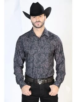 Camisa Vaquera Manga Larga De Broches Estampada Floral Negro Para Hombre 'El Señor De Los Cielos' - ID: 44100