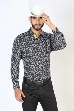 Camisa Vaquera Manga Larga Estampada Negro Para Hombre 'El Señor De Los Cielos' - ID: 126264