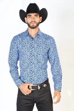 Camisa Vaquera Manga Larga Estampada Azul Claro Para Hombre 'El Señor De Los Cielos' - ID: 126266