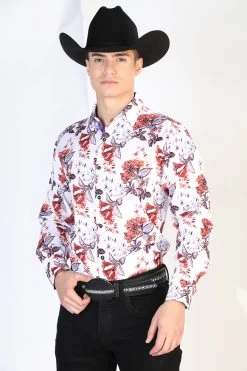 Camisa Vaquera Manga Larga Estampada Floral Blanco Para Hombre 'El Señor De Los Cielos' - ID: 126275