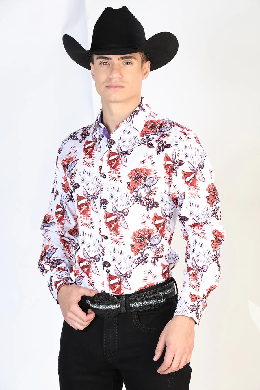 Camisa Vaquera Manga Larga Estampada Floral Blanco Para Hombre 'El Señor De Los Cielos' - ID: 126275
